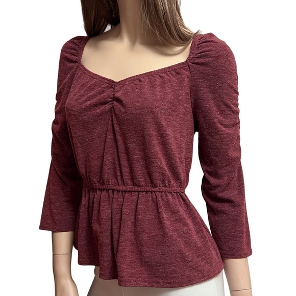 Anthropologie Moon River Peplum Top Blouse Heather Burgundy Ruched Shirred Back - Picture 5 of 16